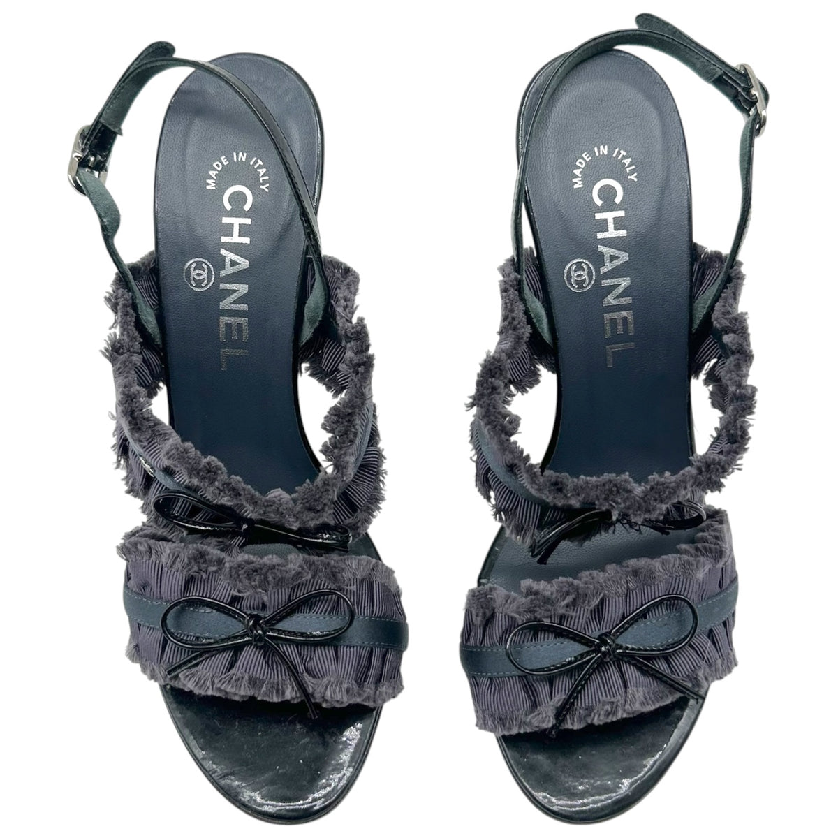Chanel Dark Gray Ruffle & Bow Sandal Heels