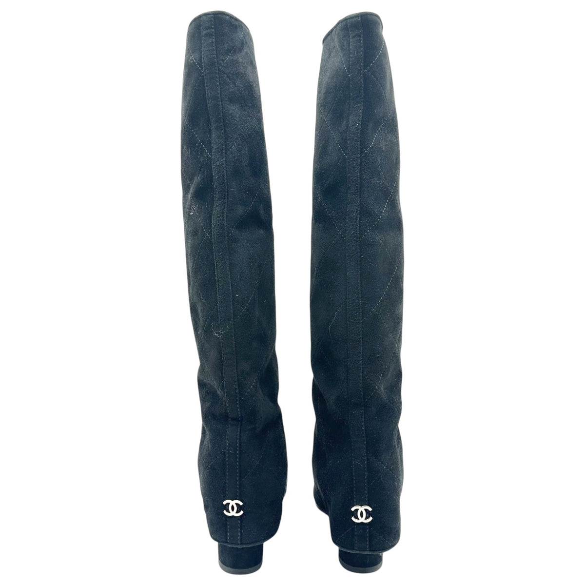 Chanel Black Suede Knee High Heeled Boots
