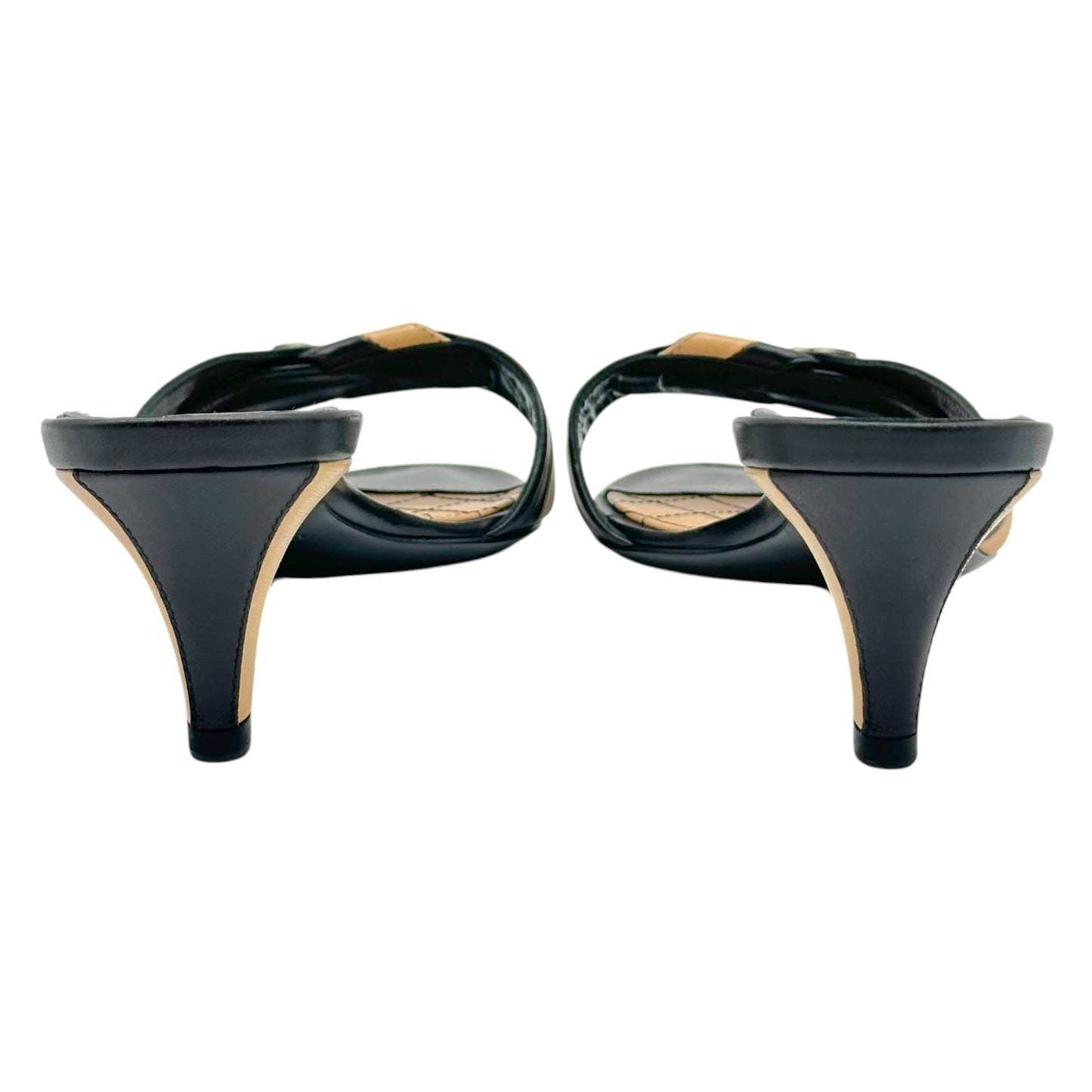 Chanel Black & Tan Striped Leather Kitten Heel Mule Sandals