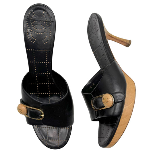 Chanel Black Platform Mule Heels With Safety Pin Detail