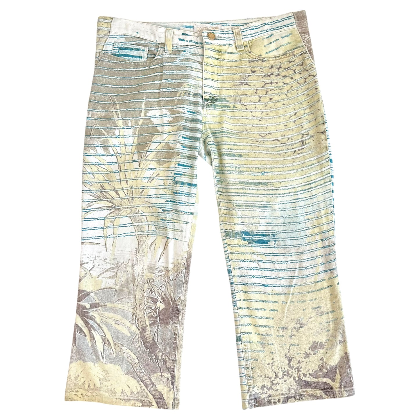 Roberto Cavalli Blue & Green Stripe Printed Denim Capri Pants