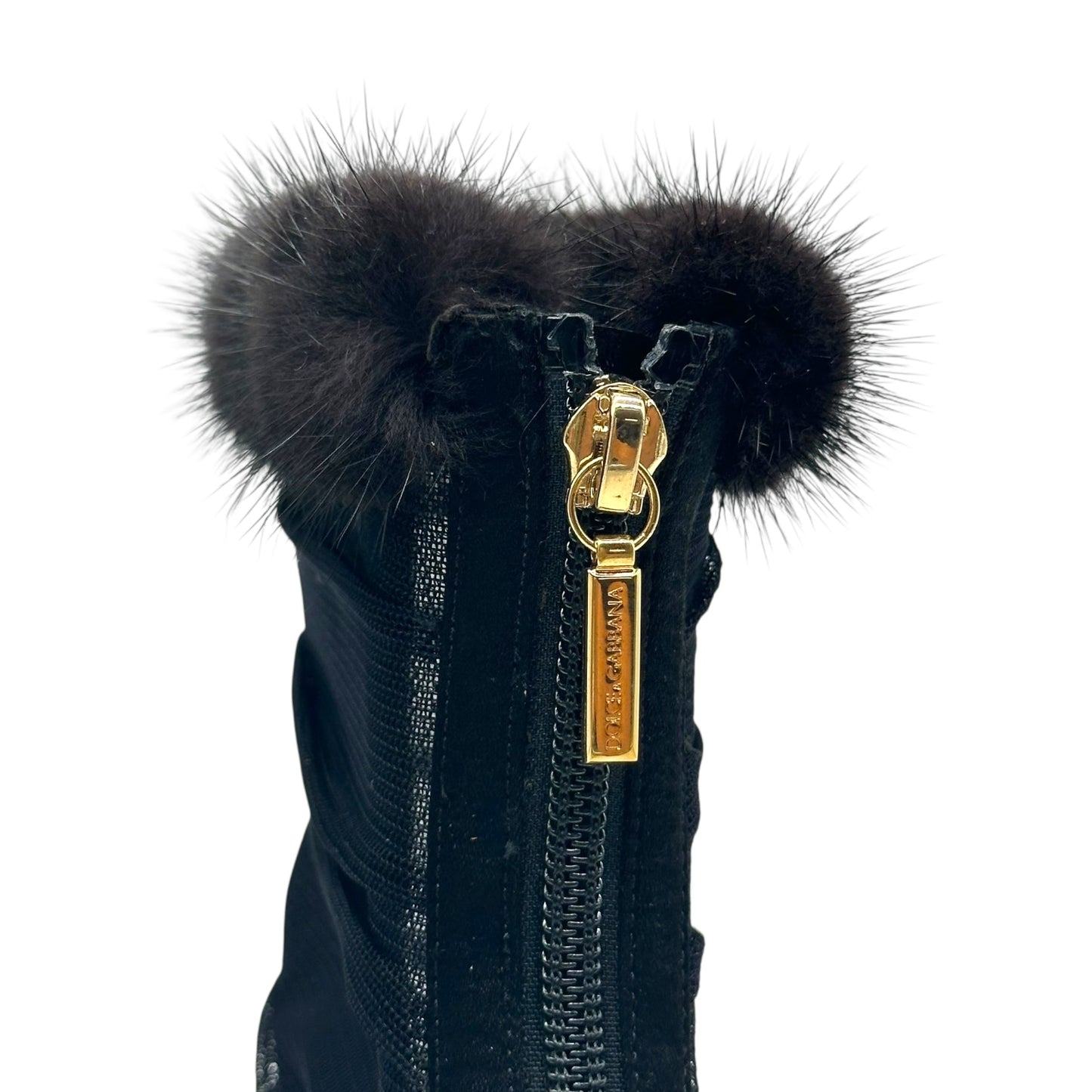 Dolce & Gabbana Black Semi-Sheer Fur Trim Heeled Boots