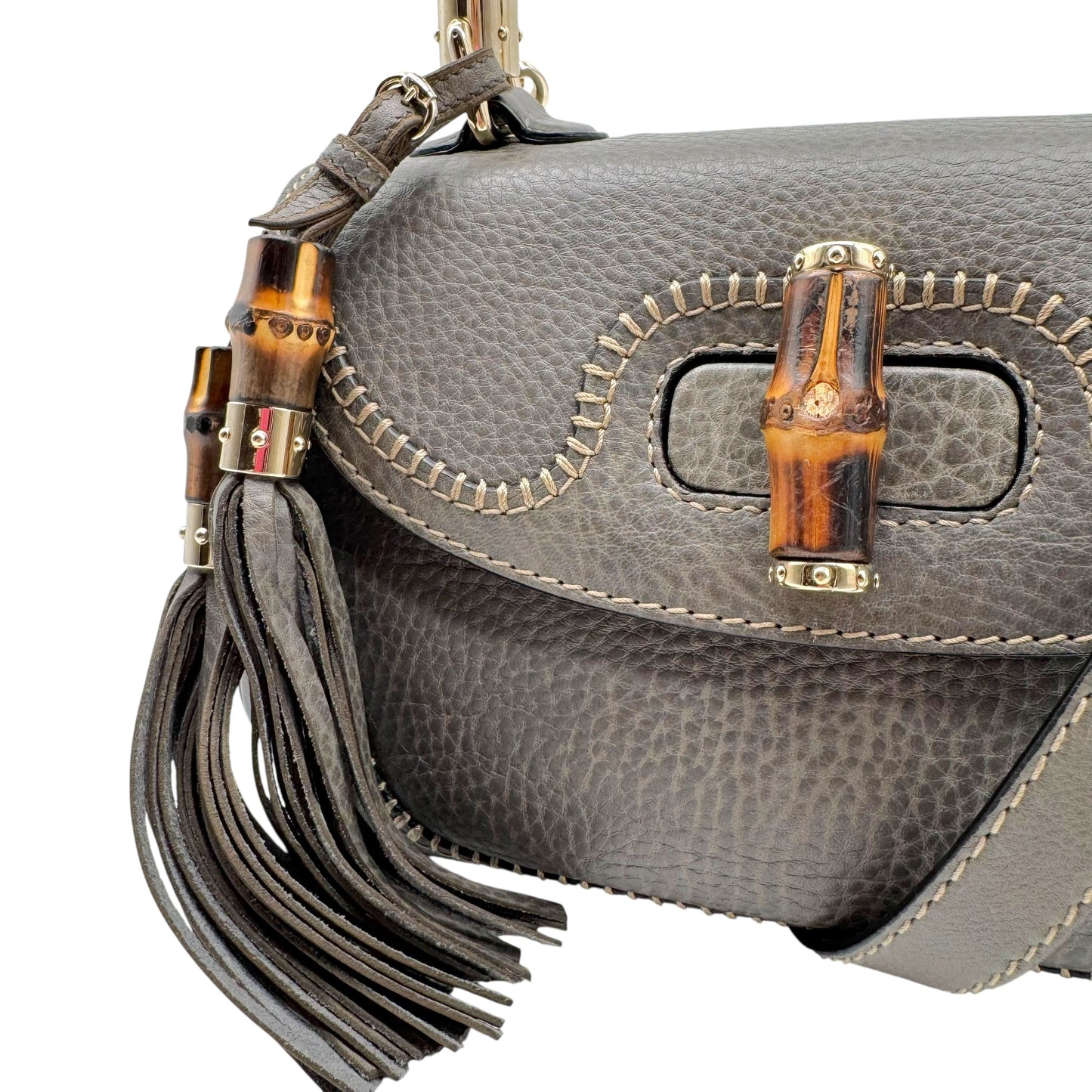 Gucci Gray Leather Bamboo Top Handle 2-Way Bag