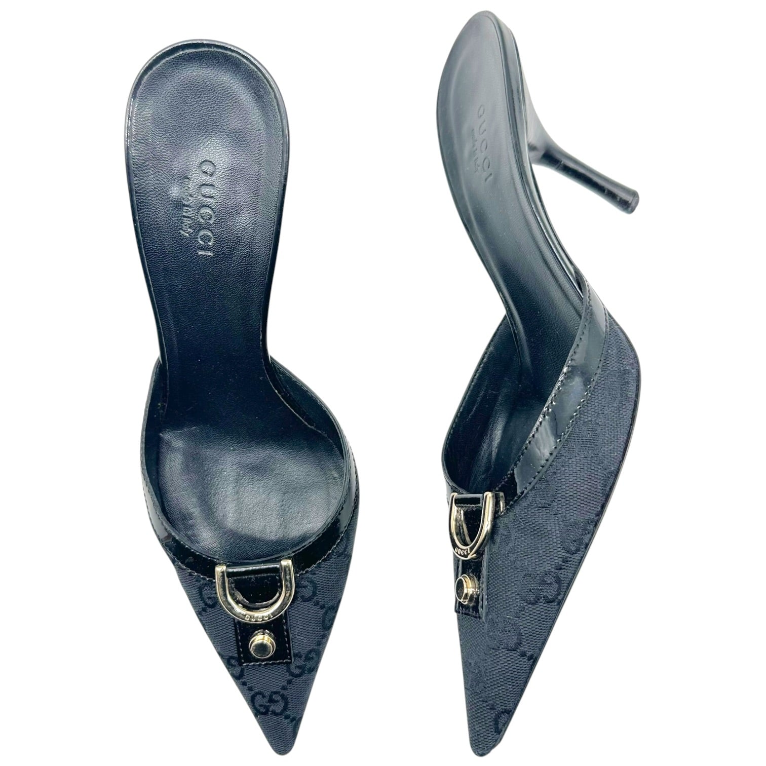 Gucci Black Monogram Pointed Toe Mule Heels