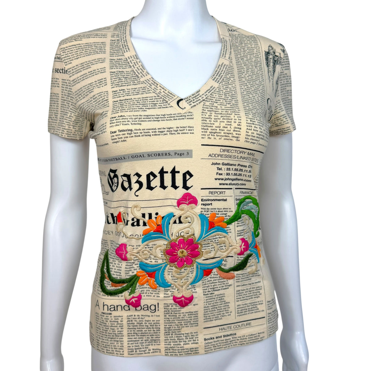 John Galliano S/S 2006 Gazette Newsprint & Multicolor Floral Embroidered T-Shirt