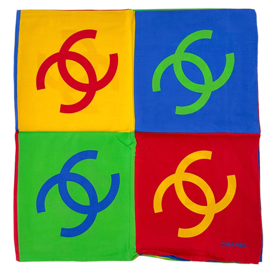 Chanel 90's Red Yellow Green & Blue CC Logo Large Silk Square Scarf