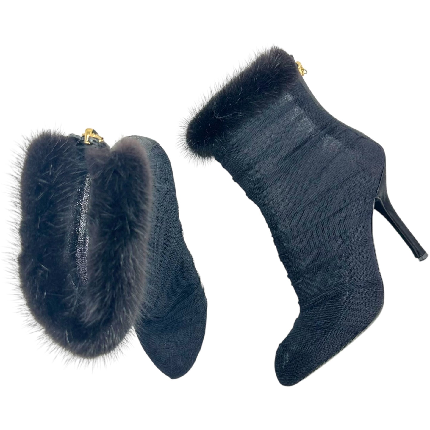 Dolce & Gabbana Black Semi-Sheer Fur Trim Heeled Boots