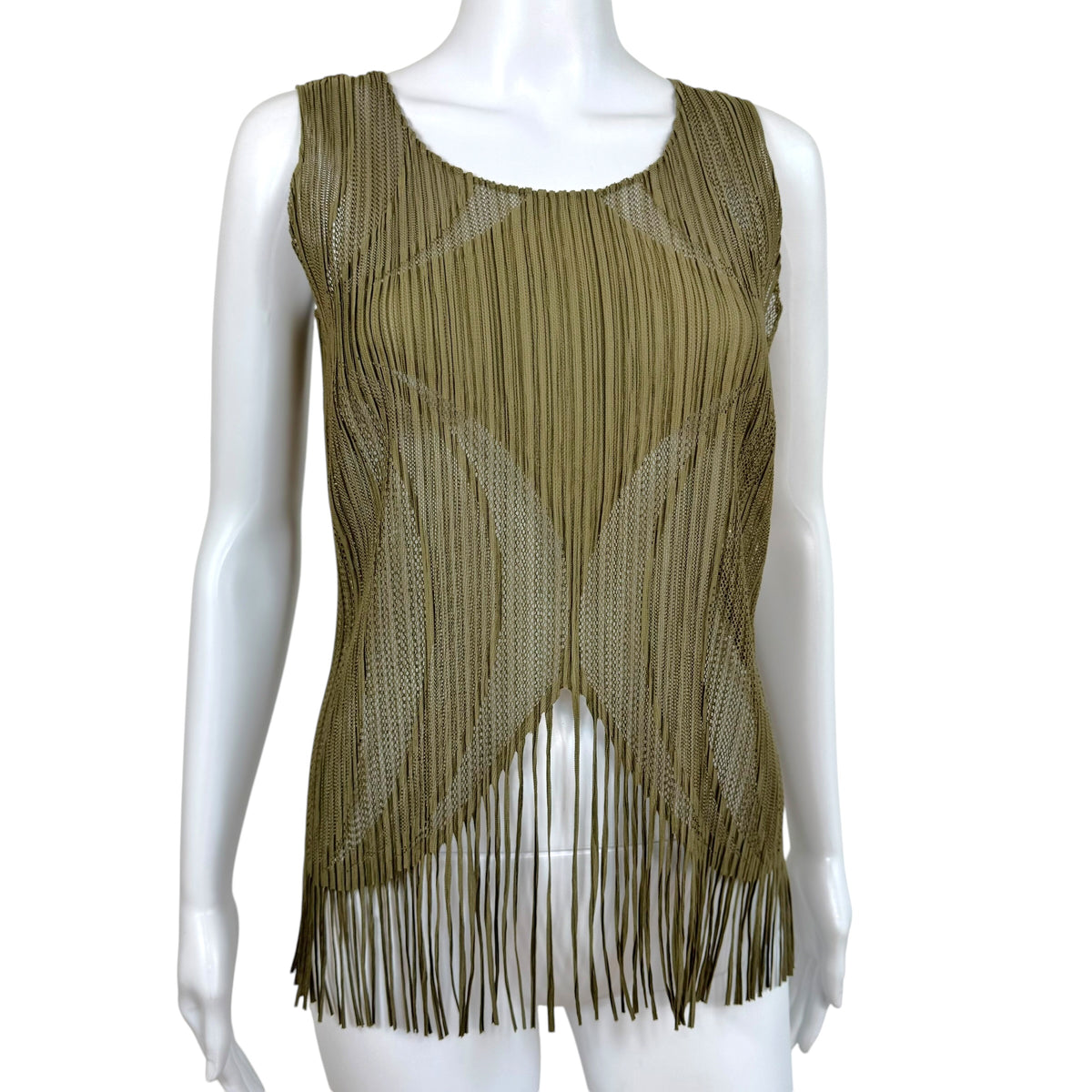 Issey Miyake Pleats Please Khaki Green Semi-Sheer Pleated Fringe Trim Tank Sz 3