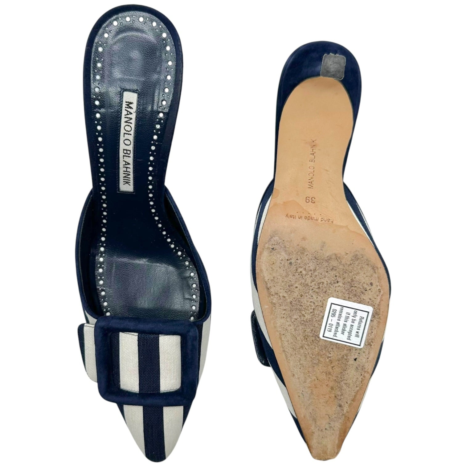 Manolo Blahnik Navy White Striped Mule Heels