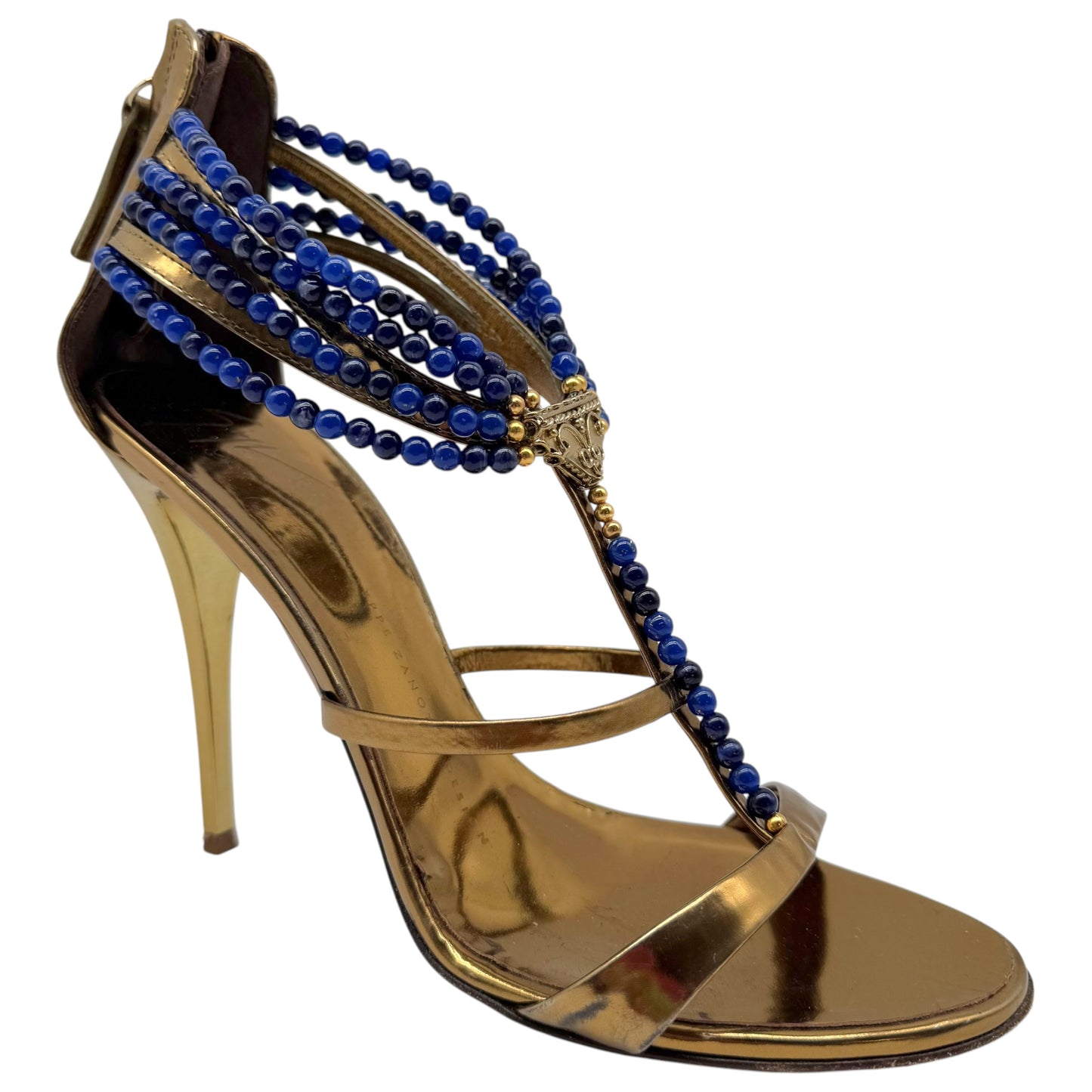 Giuseppe Zanotti Bronze Leather Blue Beaded Sandal Heels