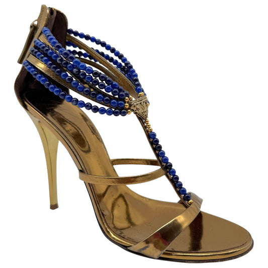 Giuseppe Zanotti Bronze Leather Blue Beaded Sandal Heels
