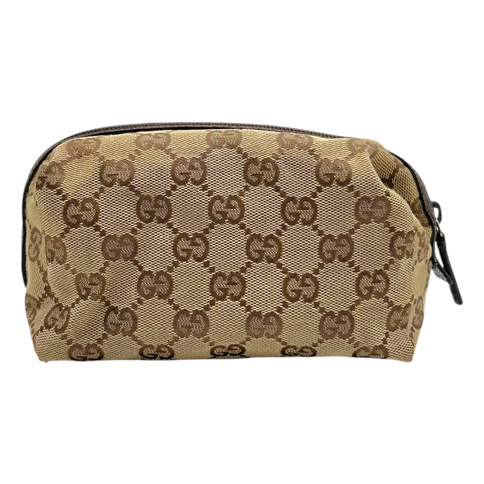Gucci Cosmetic Pouch Tan Monogram Brown Leather