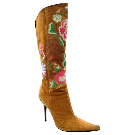 Casadei Tan Suede Floral Embroidered Heeled Boots