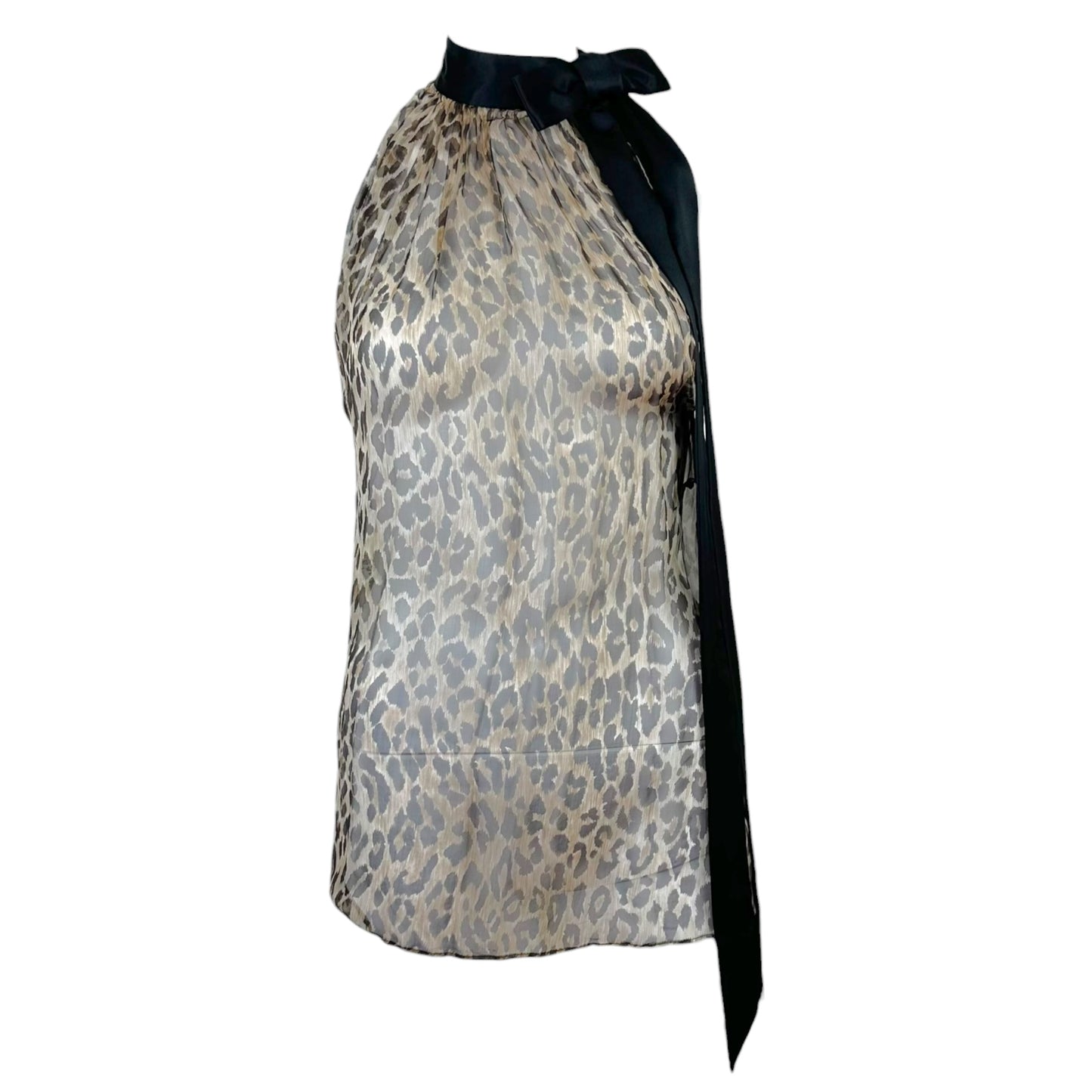 Dolce & Gabbana Sheer Leopard Print Silk Bow Neck Tie Halter Blouse
