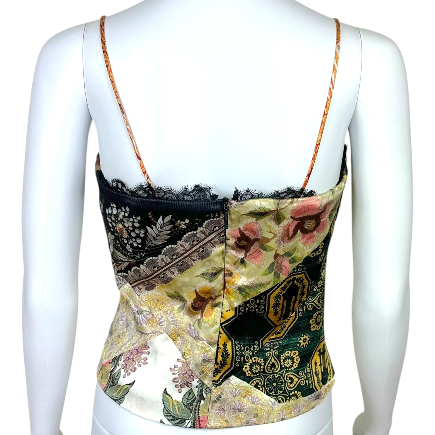 Roberto Cavalli 2005 Patchwork Print Silk & Lace Cropped Bustier Top