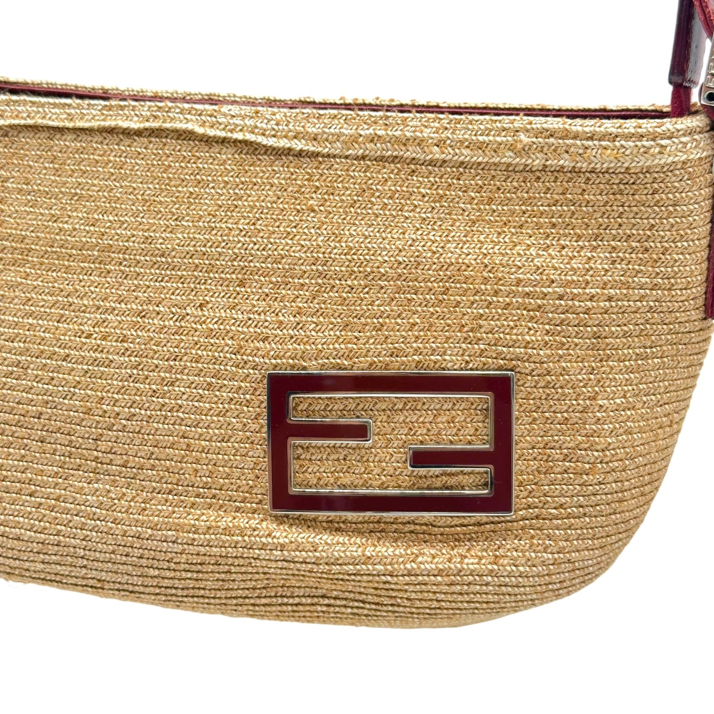 Fendi Shoulder Pochette Bag Burgundy Leather Raffia
