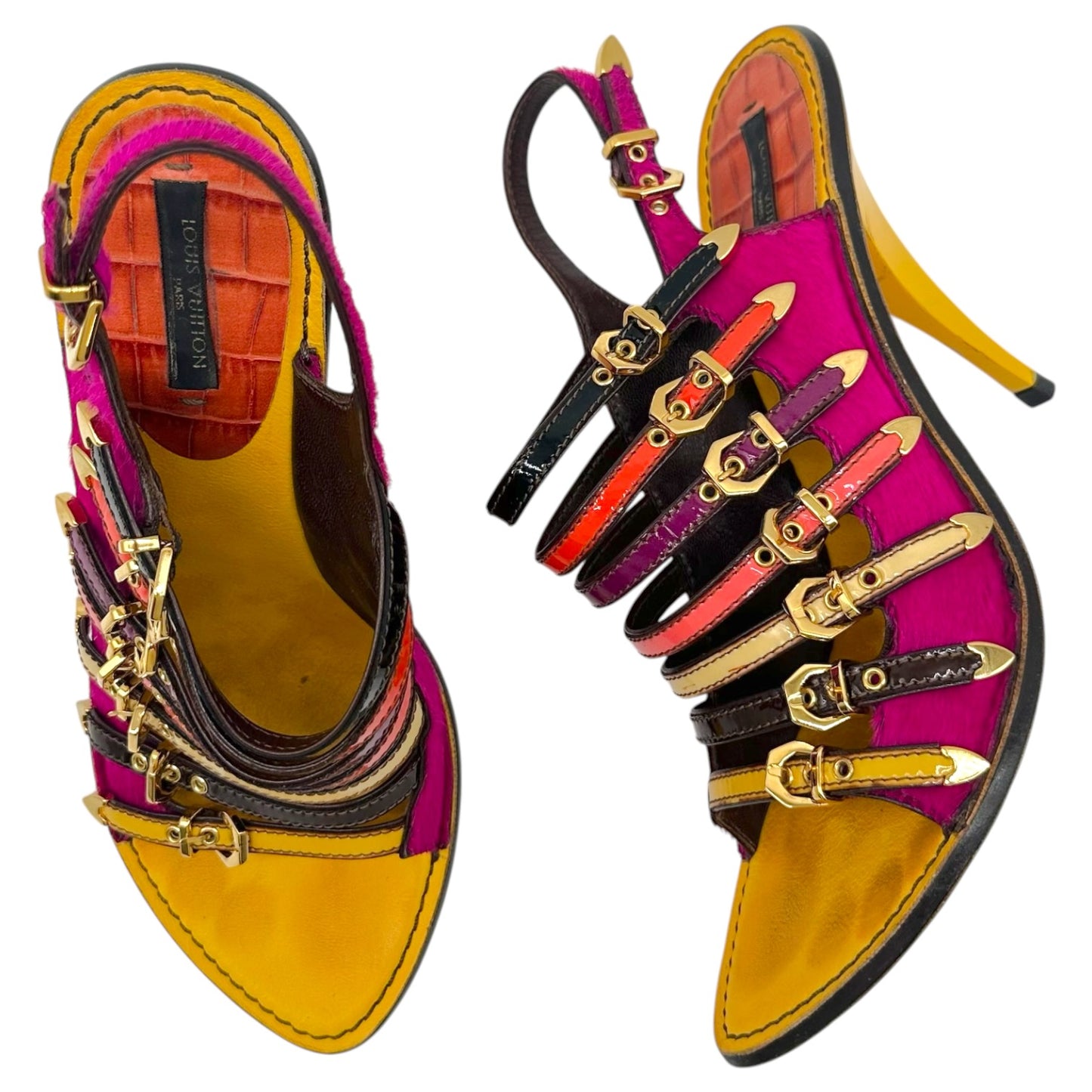 Louis Vuitton Multicolor Croc & Ponyhair Multi-Strap Sandal Heels