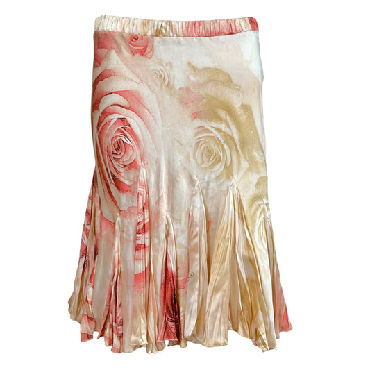 Roberto Cavalli 2004 Light Pink Rose Print Silk Pleated Midi Skirt