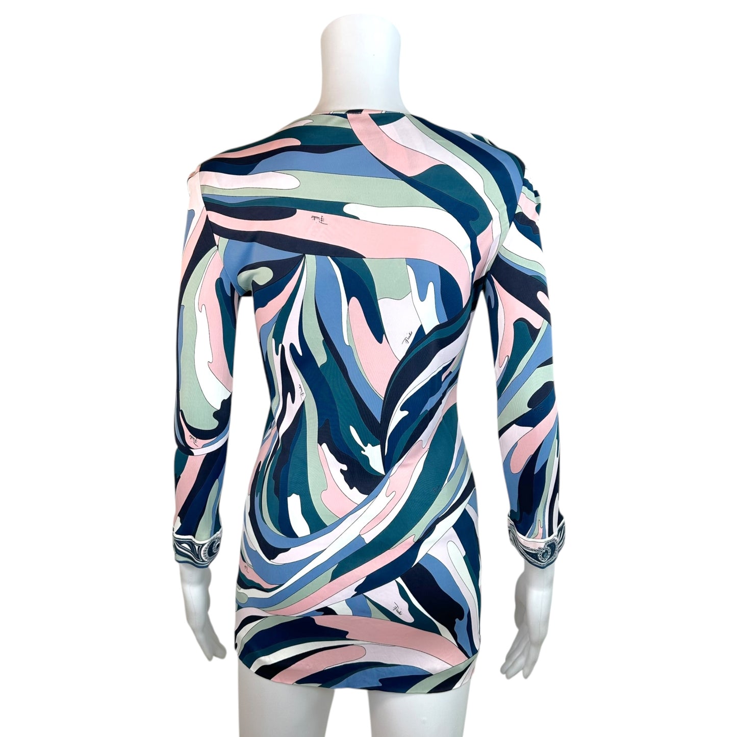 Emilio Pucci Longsleeve Mini Dress Pink Teal Beaded Neckline