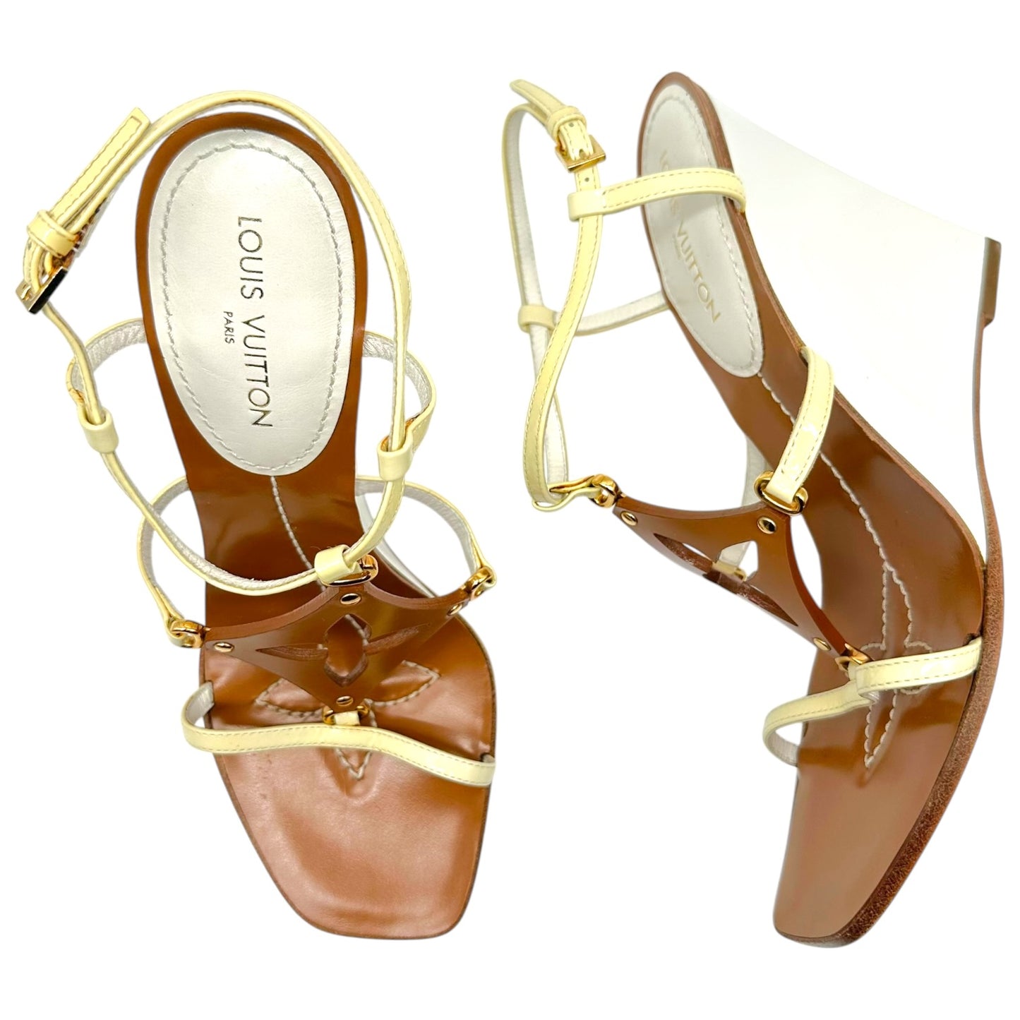 Louis Vuitton Wedge Sandal Heels Ivory Tan Logo Motif