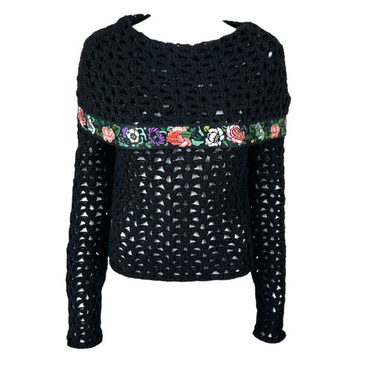 John Galliano F/W 2002 Black Open Knit Floral Trim Sweater