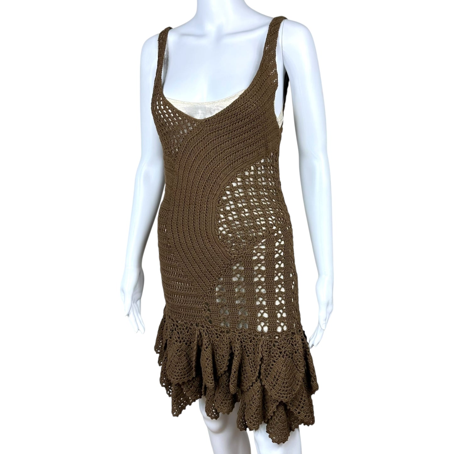 Just Cavalli Brown Crochet Midi Dress w/ Metallic Slip