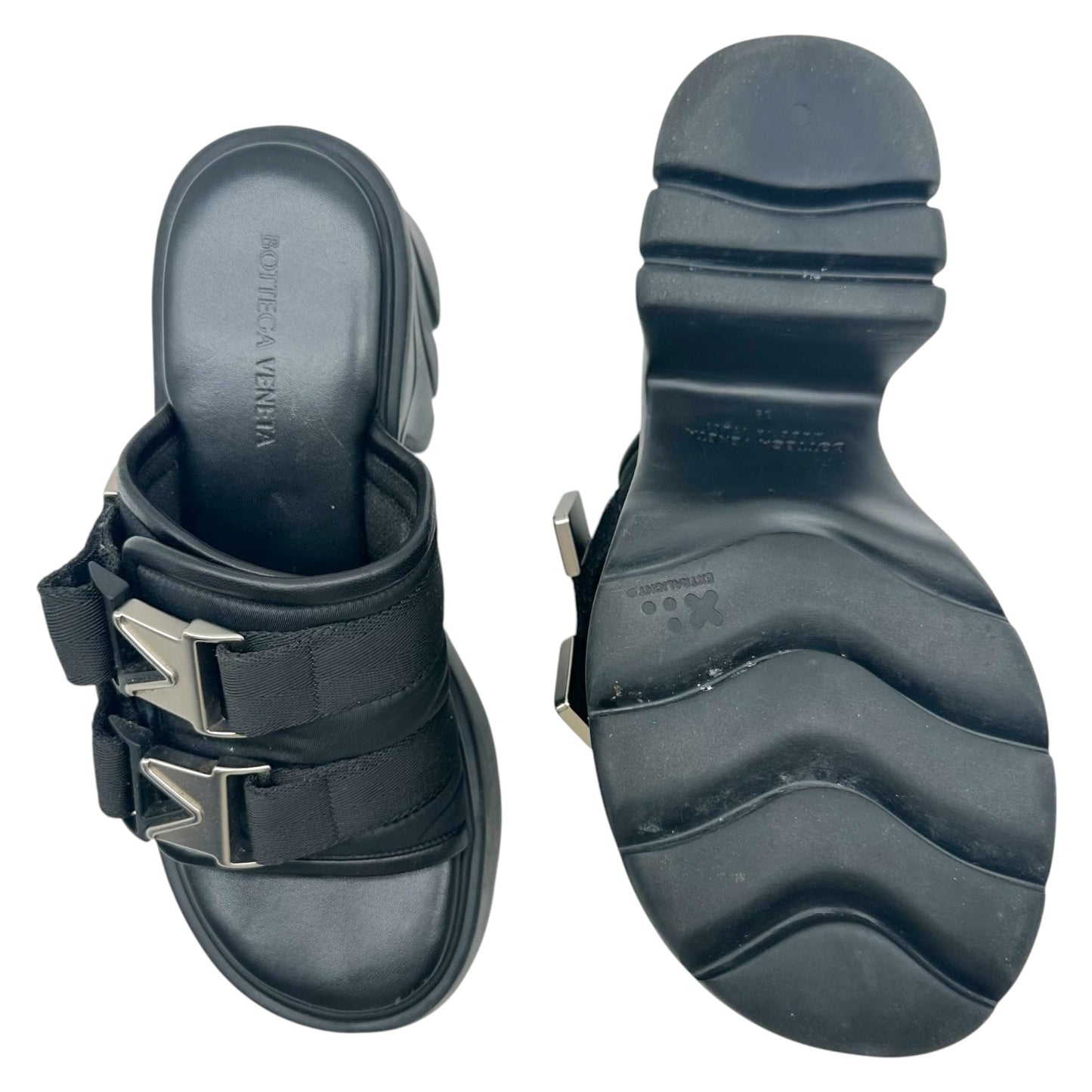 Bottega Veneta Black Silver Platform Heeled Slide Sandals