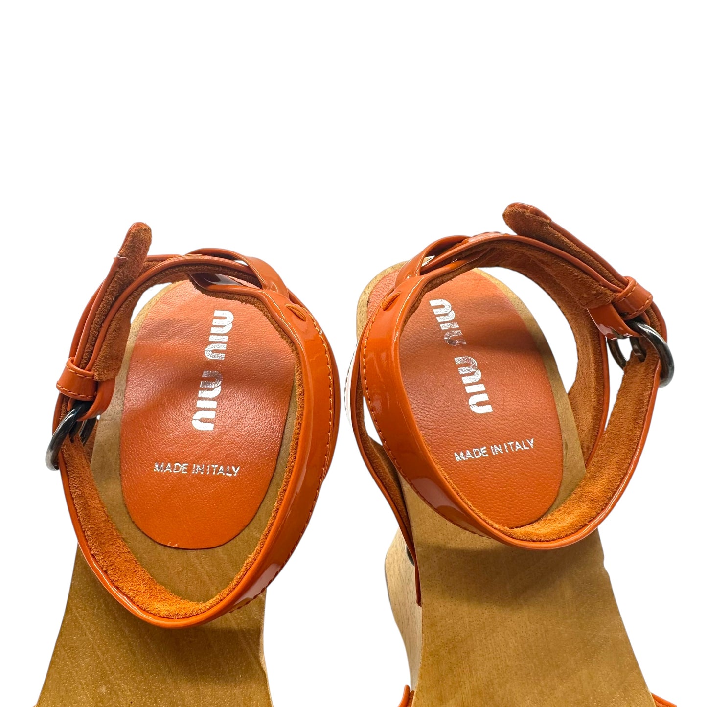 Miu Miu Orange Floral & Wooden Wedge Sandals