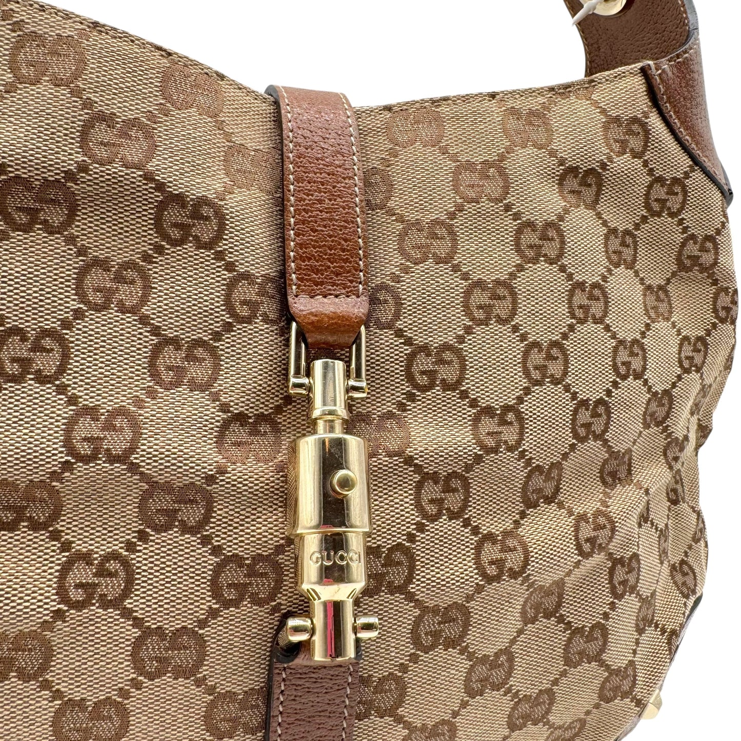 Gucci Tan Monogram & Brown Leather Piston Lock Shoulder Jackie Bag