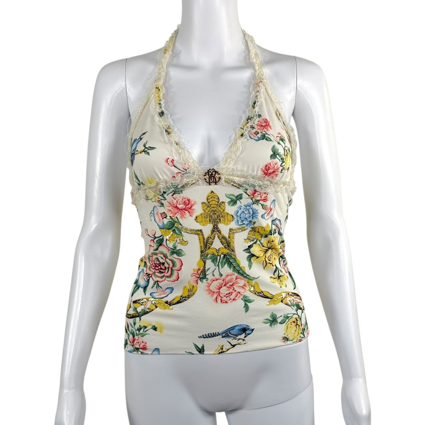 Roberto Cavalli White Lace & Floral Halter Top