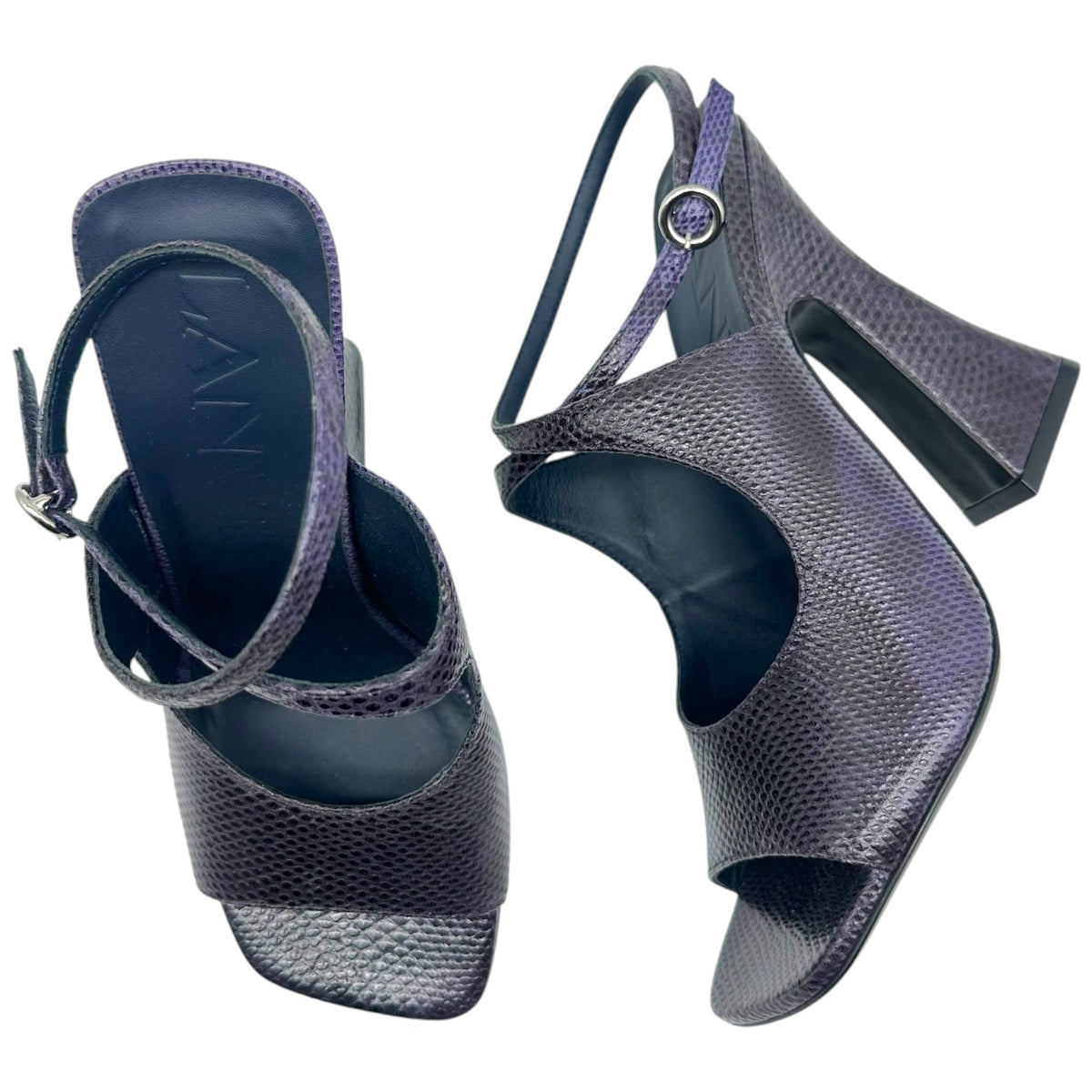 Lanvin Deep Purple Lizard Skin Square Toe Sandal Heels NEW