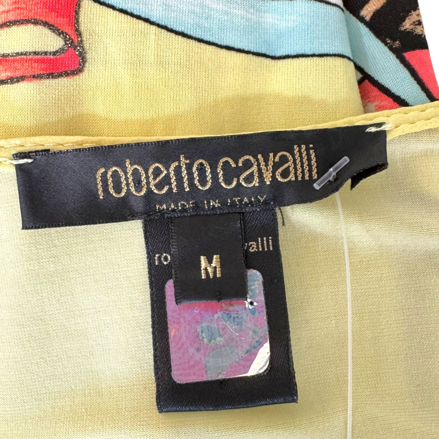 Roberto Cavalli S/S 2004 Yellow Multicolor Animal Print 3/4 Sleeve Cowl Neck Mini Dress