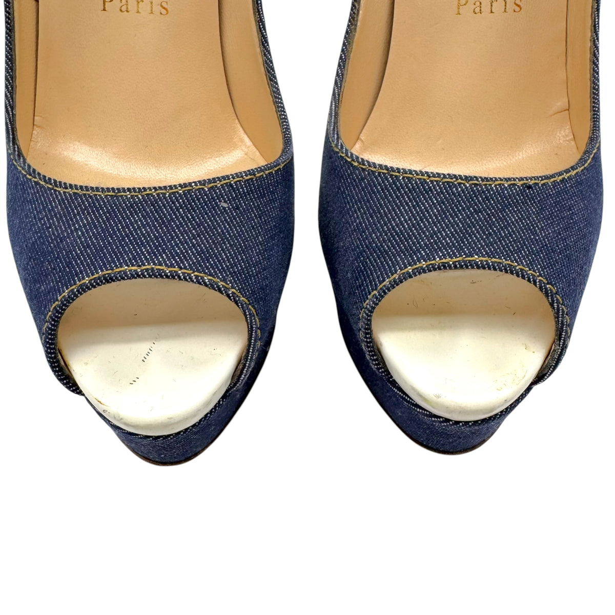 Christian Louboutin Denim & White Leather Peep Toe Platform Pumps