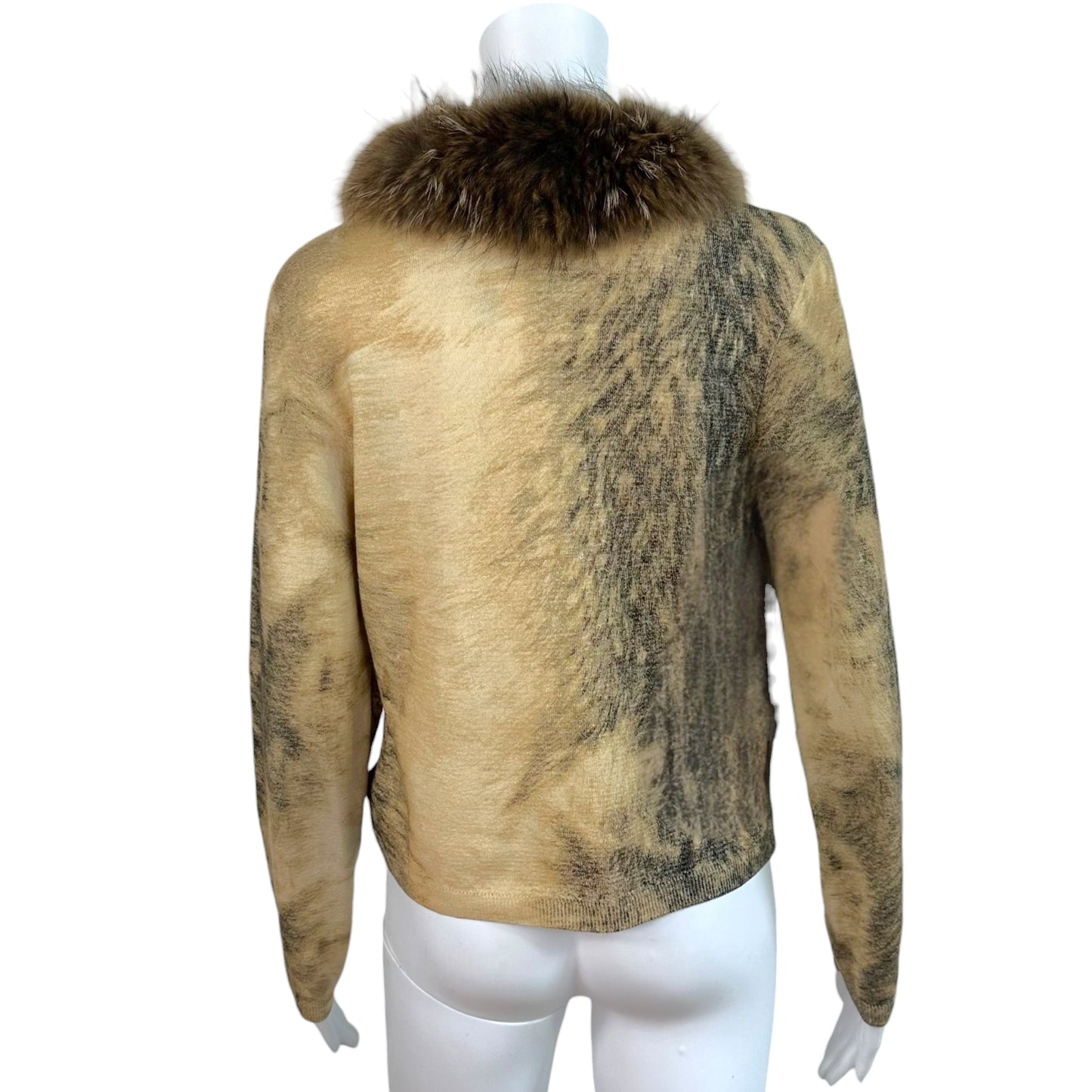 Roberto Cavalli 90's Tan Black Printed Cardigan with Fur Trim