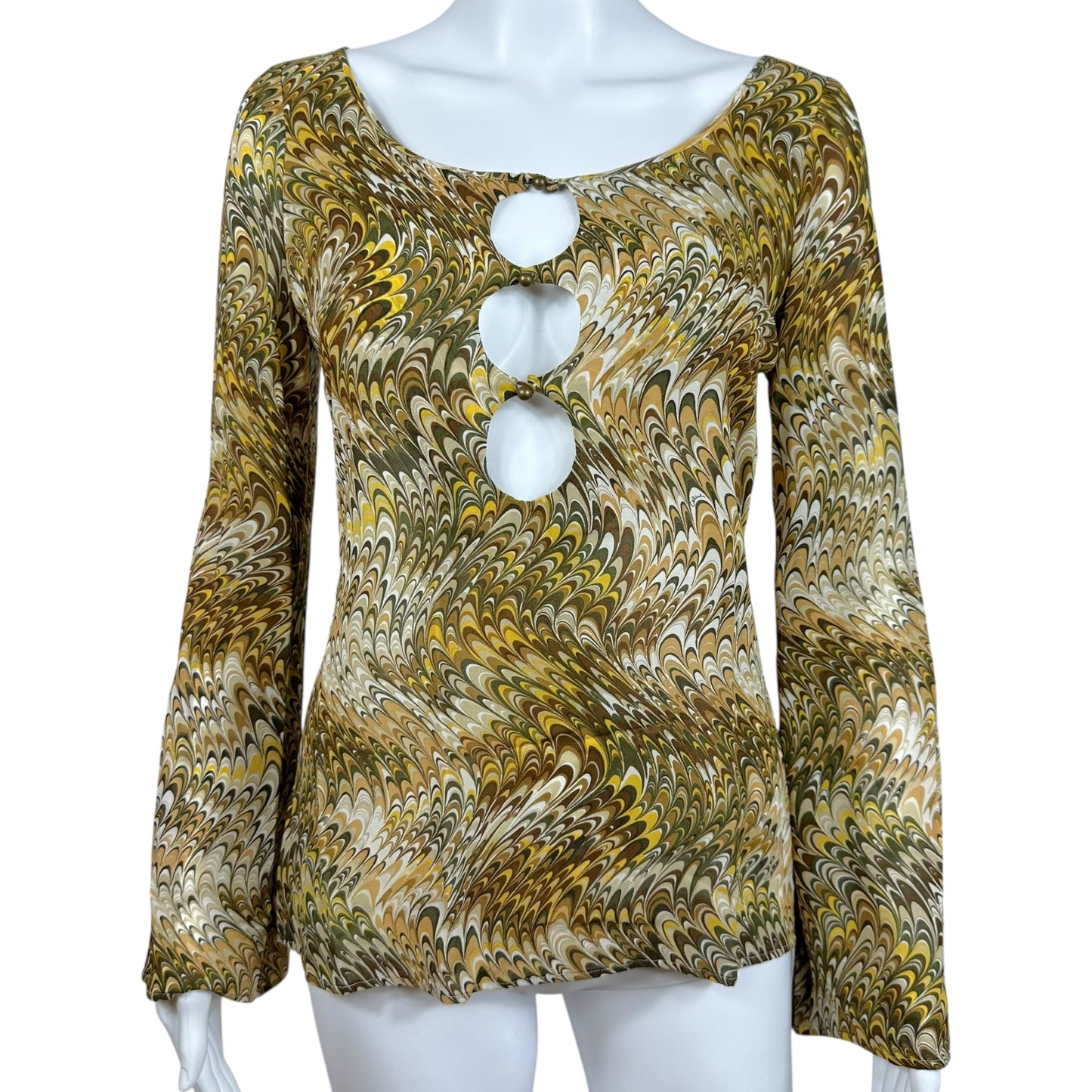 Celine by Michael Kors Swirl Print Silk Cut-Out Blouse