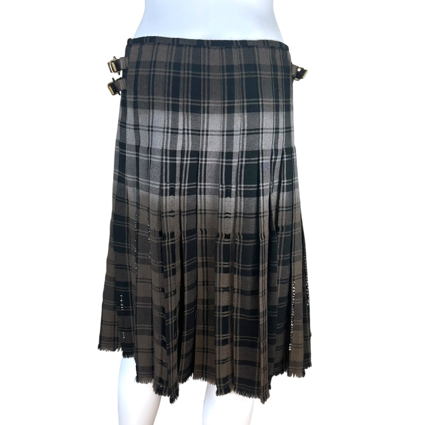 Bottega Veneta Rhinestone Embellished Plaid Pleated Midi Skirt
