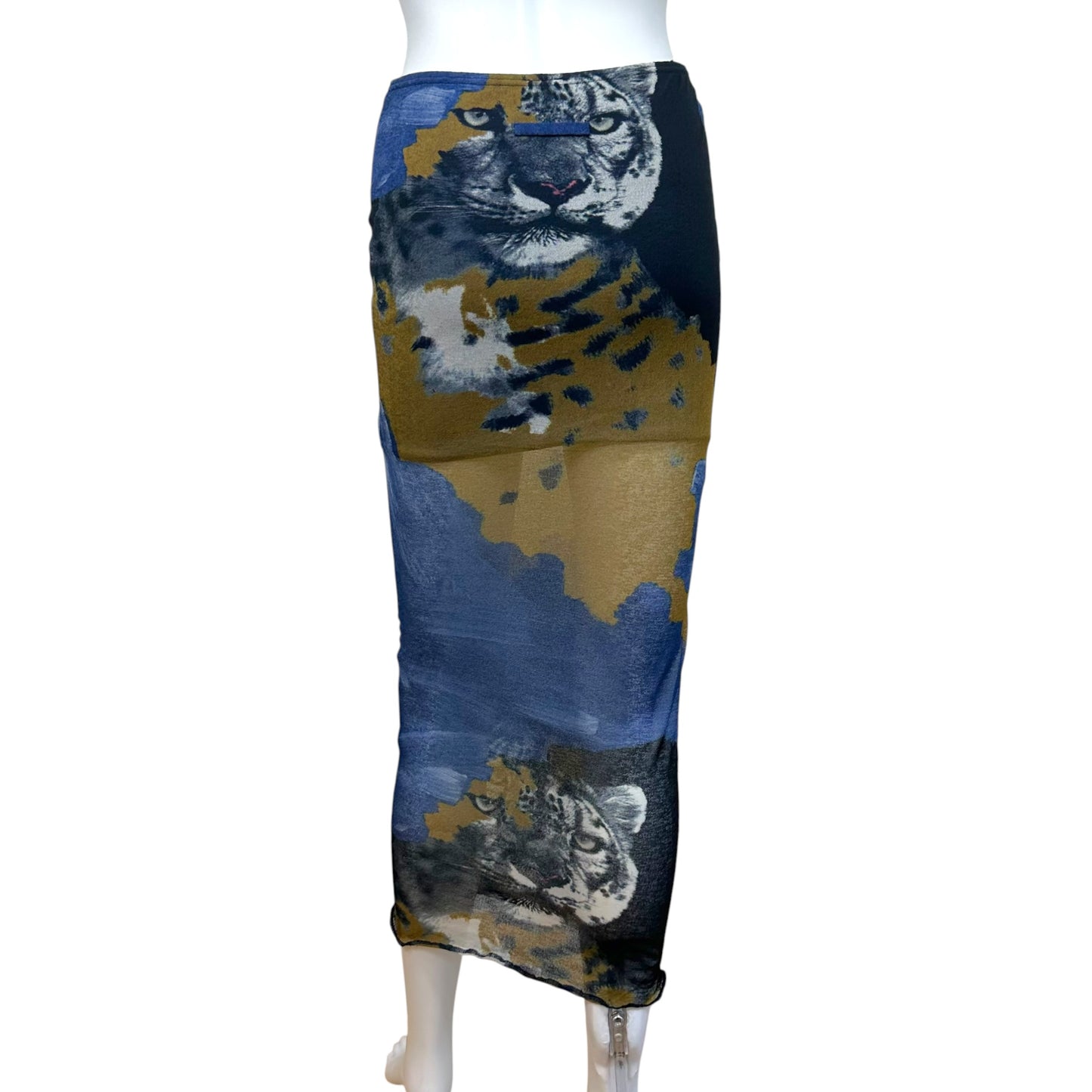 Jean Paul Gaultier Blue Tiger Print Mesh Maxi Skirt