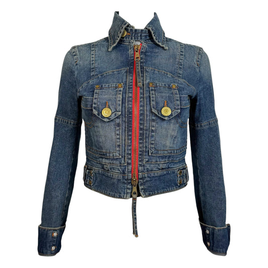 Dsquared2 Distressed Denim Cropped Jacket Blue Red Zip