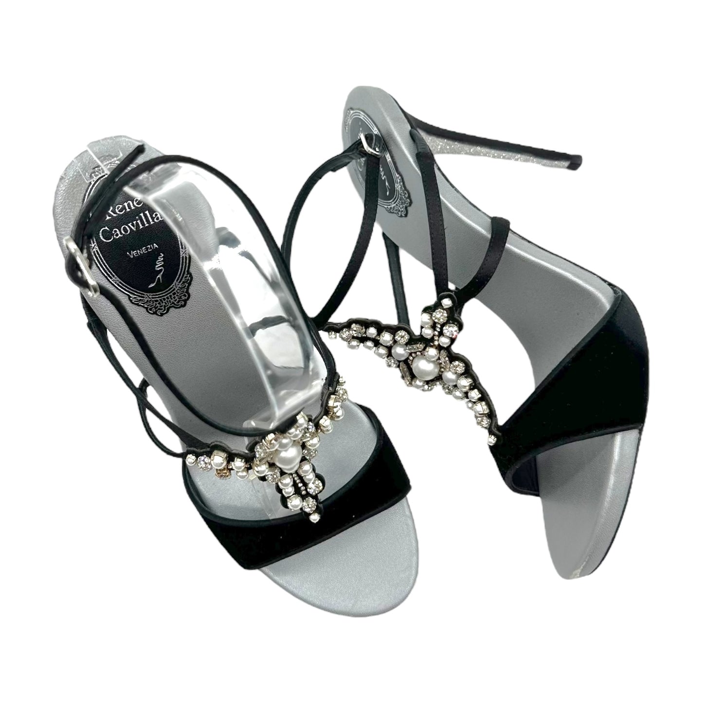 Rene Caovilla Black Velvet Embelished Cross Heeled Sandals