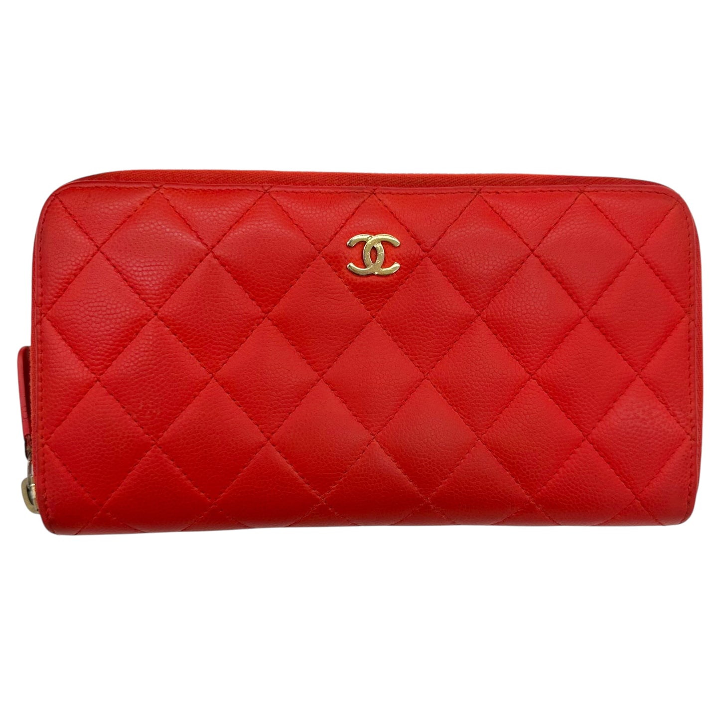 Chanel Coral Red Quilted Caviar Zip Long Wallet