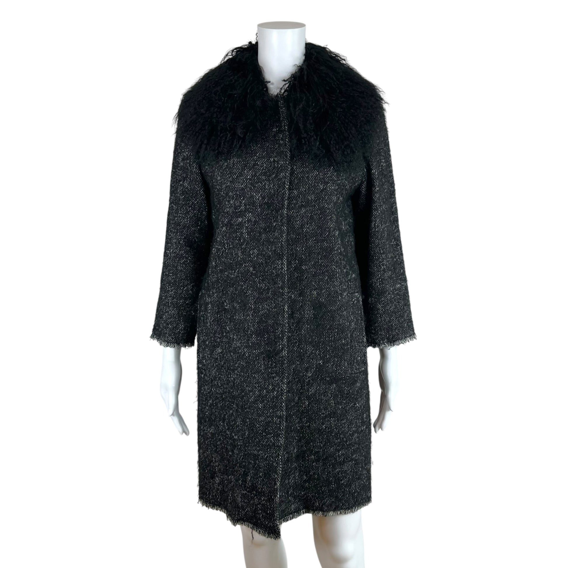 Dolce & Gabbana Black Tweed Coat Mongolian Lamb Fur Collar