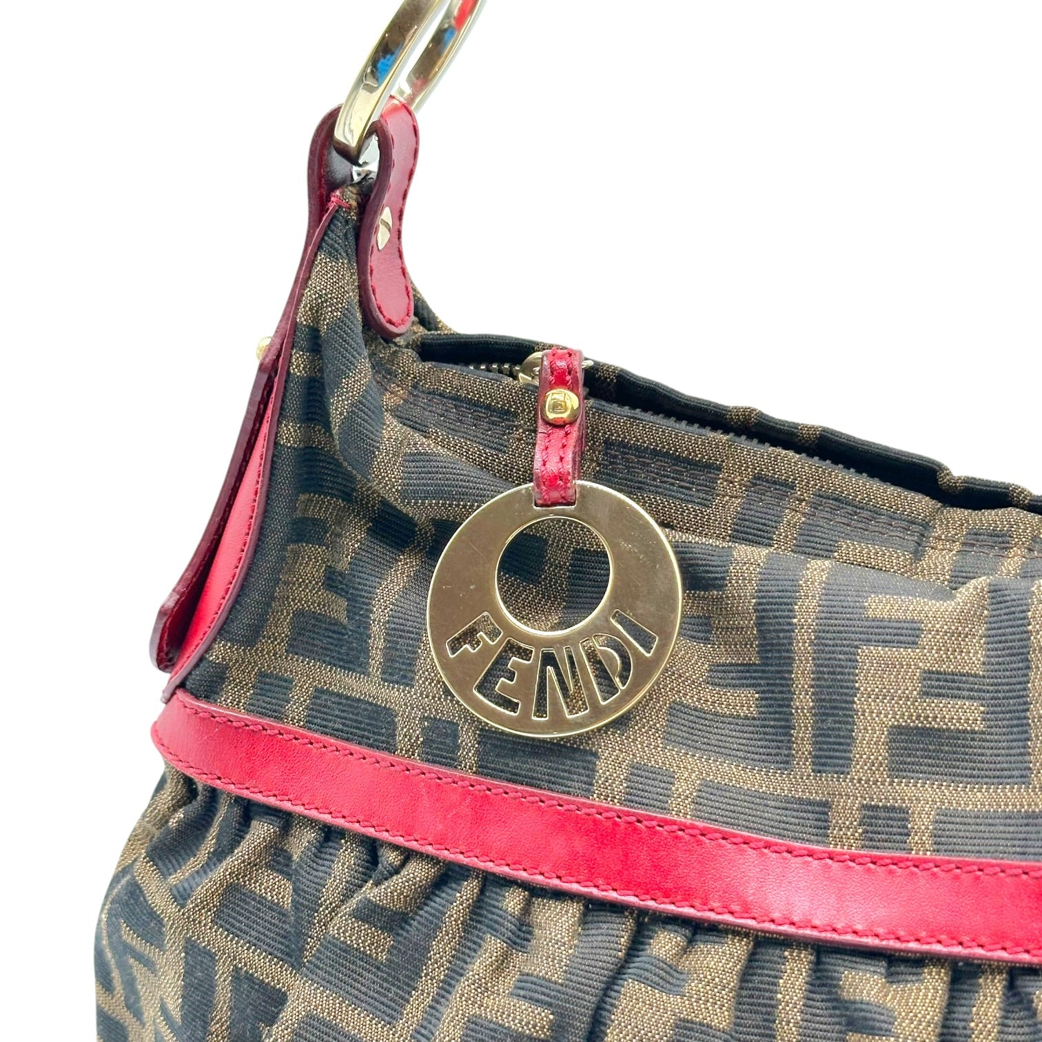 Fendi Zucca Monogram Shoulder Bag Red Leather Trim