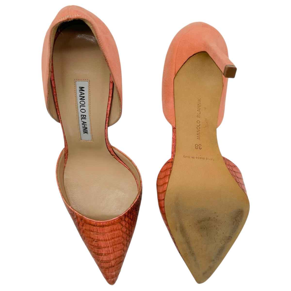 Manolo Blahnik Salmon Pink Suede & Snakeskin D'Orsay Pointed Toe Pumps