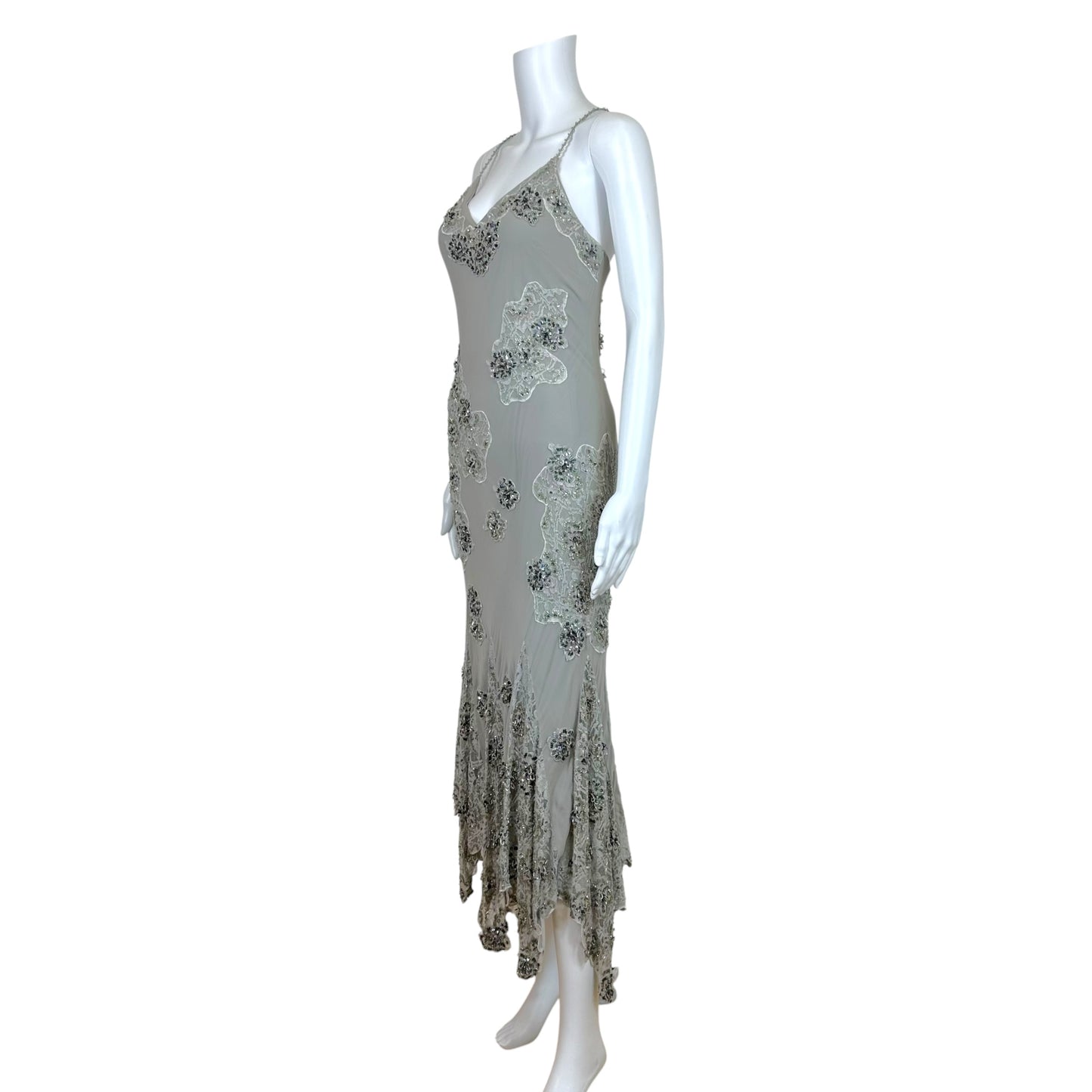 Sue Wong Gray & Silver Beaded Silk & Lace Asymmetrical Hem Midi Dress