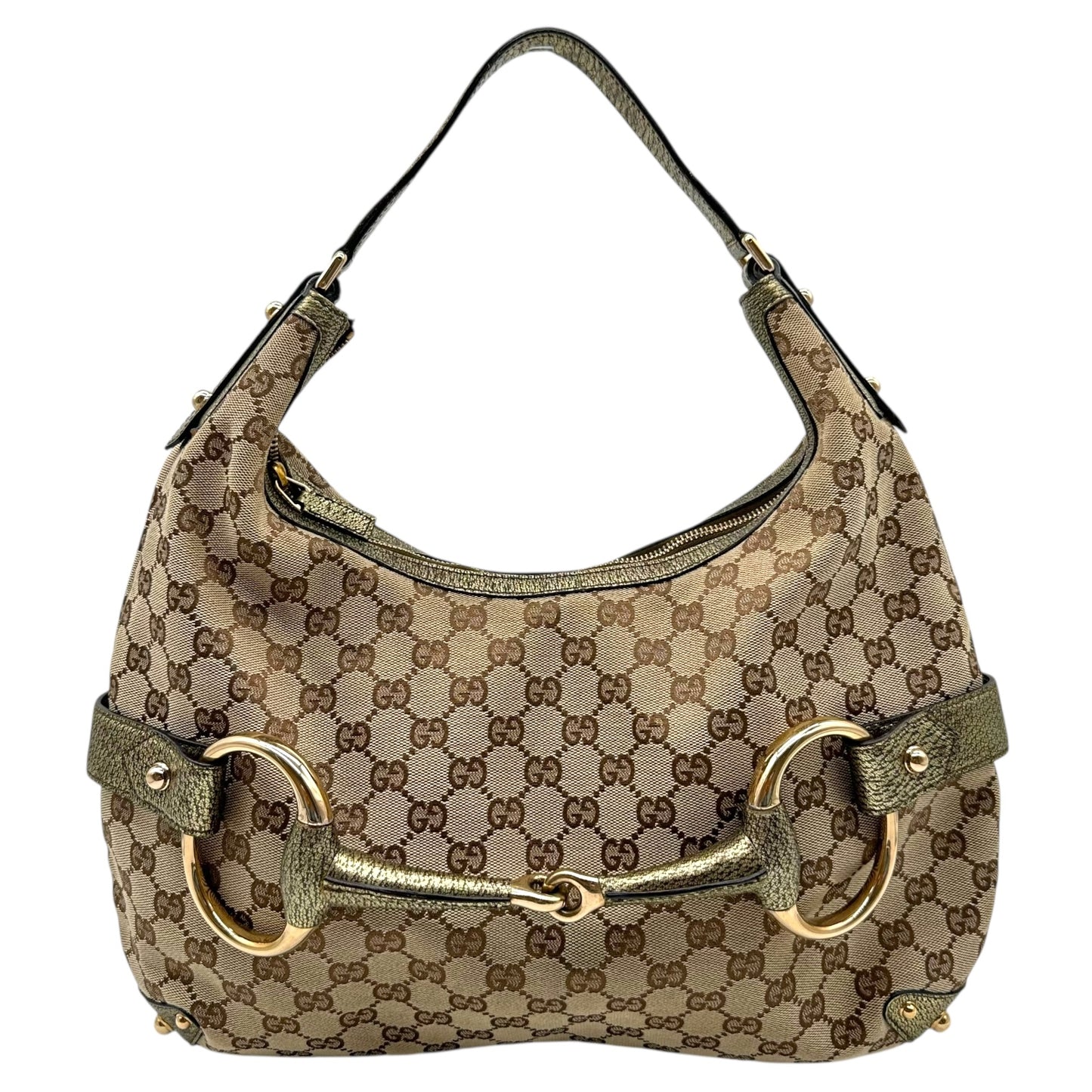 Gucci Tan Canvas Monogram Horsebit Hobo Bag