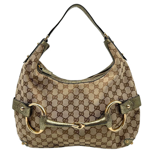 Gucci Tan Canvas Monogram Horsebit Hobo Bag