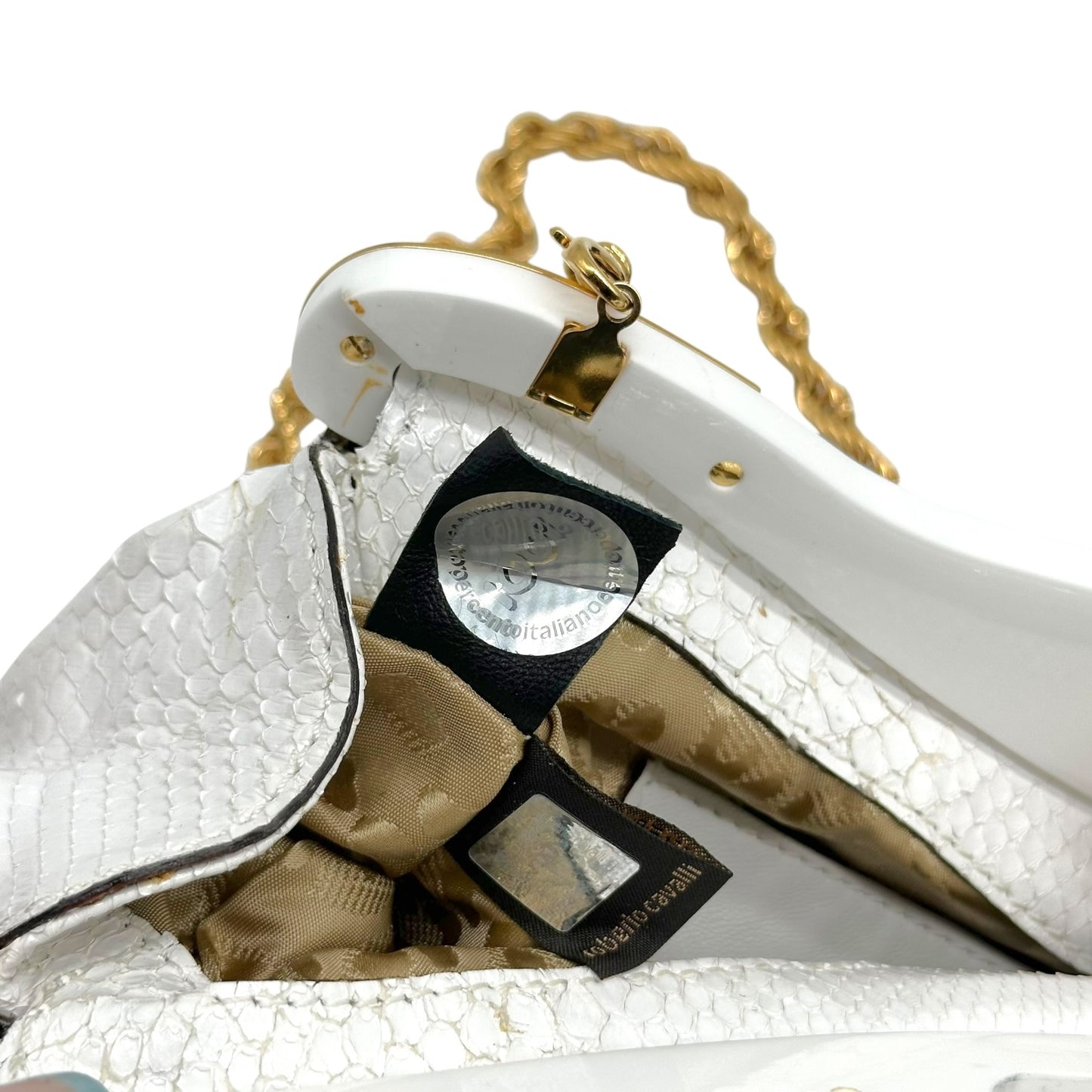 Roberto Cavalli White Python Gold Detail Clutch Bag