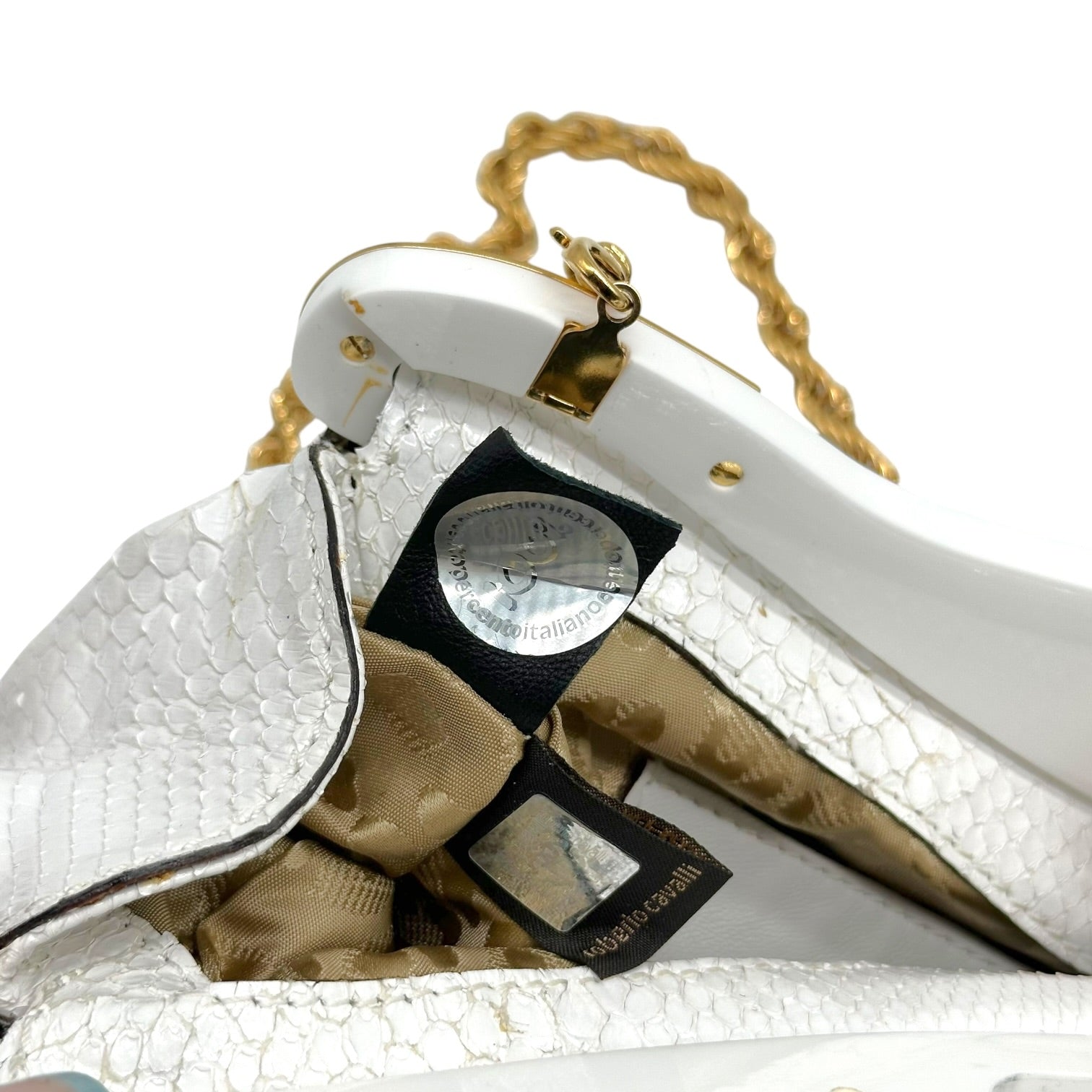 Roberto Cavalli White Python Gold Detail Clutch Bag