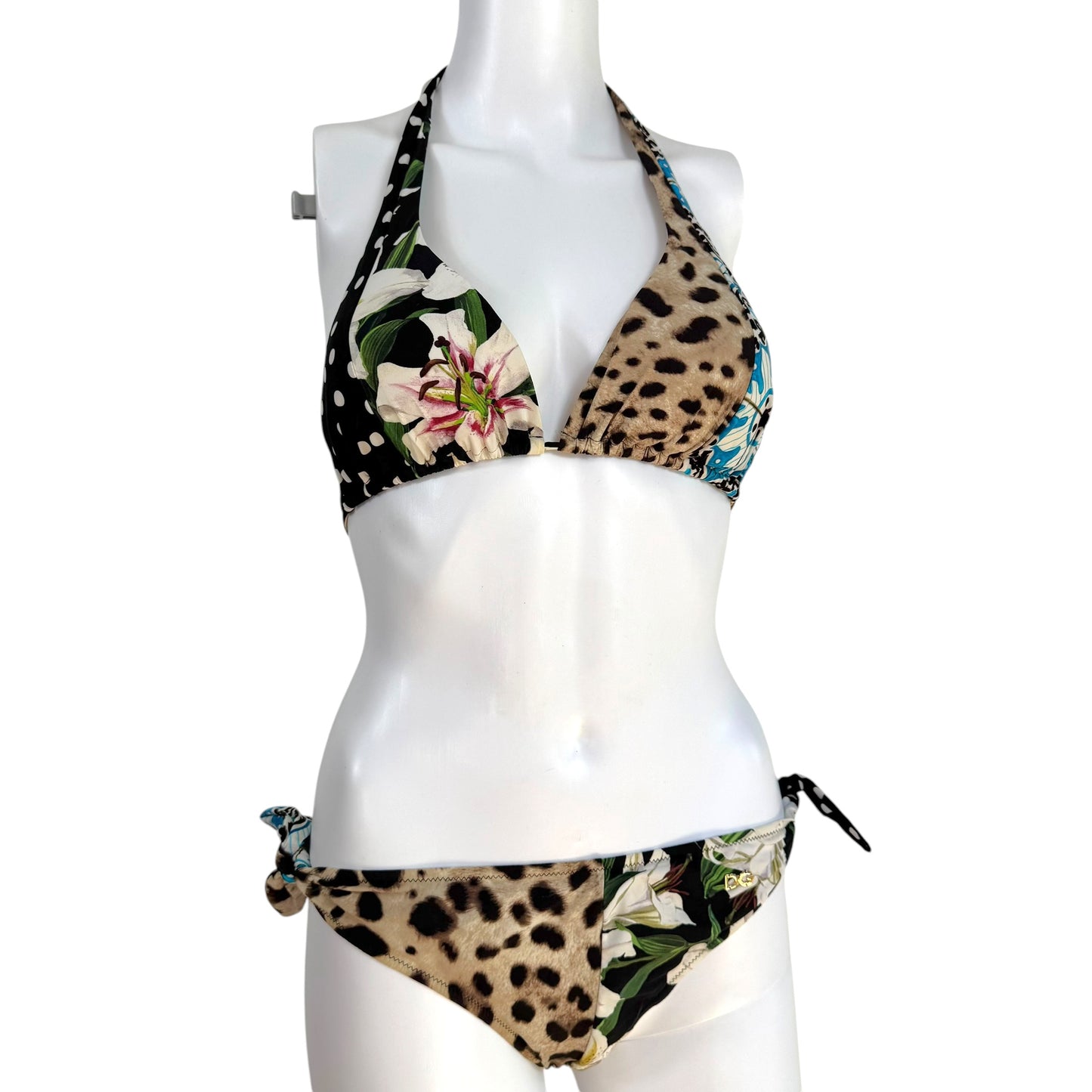 Dolce & Gabbana Leopard & Floral Print Triangle Tie Bikini Set
