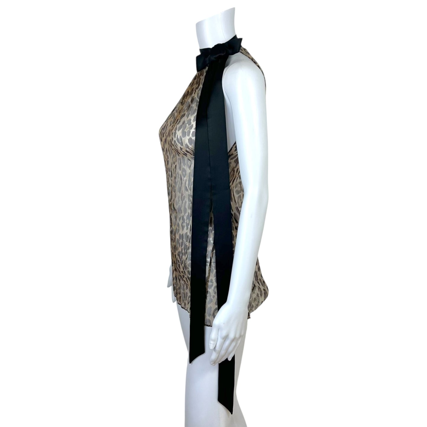 Dolce & Gabbana Sheer Leopard Print Silk Bow Neck Tie Halter Blouse